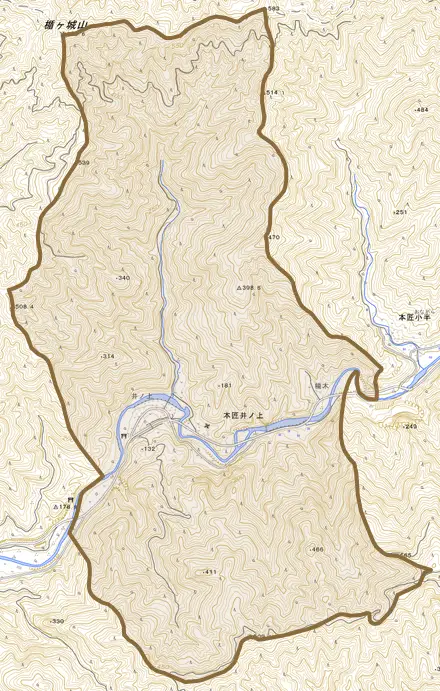 本匠大字井ノ上とその周辺の地図。町の範囲を重ねている