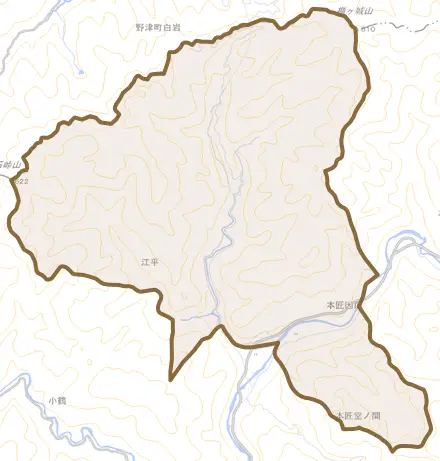 本匠大字因尾とその周辺の地図。町の範囲を重ねている