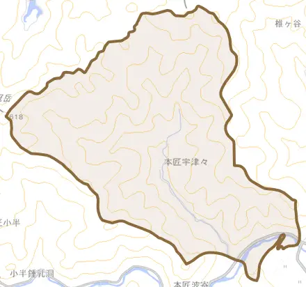 本匠大字宇津々とその周辺の地図。町の範囲を重ねている