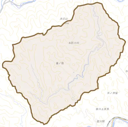 本匠大字小川とその周辺の地図。町の範囲を重ねている