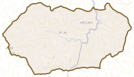 本匠大字上津川とその周辺の地図。町の範囲を重ねている