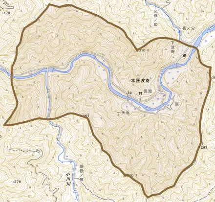 本匠大字波寄とその周辺の地図。町の範囲を重ねている