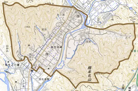 弥生大字井崎とその周辺の地図。町の範囲を重ねている