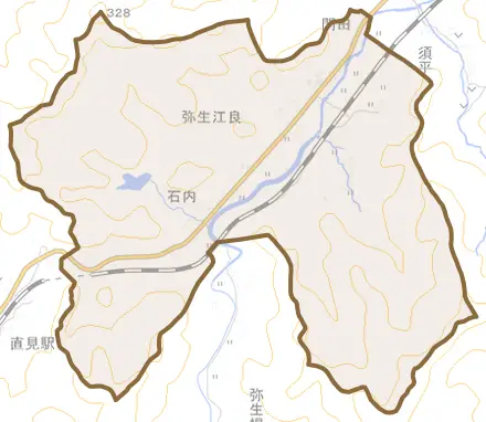 弥生大字江良とその周辺の地図。町の範囲を重ねている