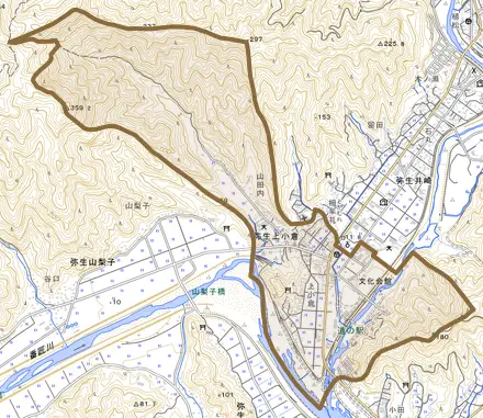 弥生大字上小倉とその周辺の地図。町の範囲を重ねている