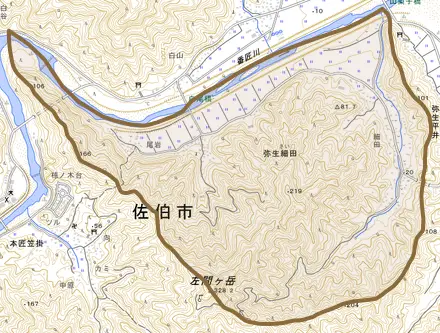 弥生大字細田とその周辺の地図。町の範囲を重ねている