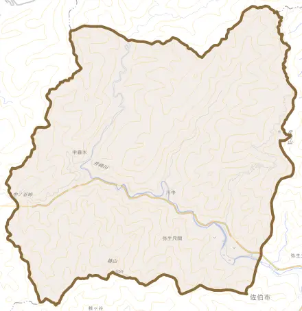 弥生大字尺間とその周辺の地図。町の範囲を重ねている