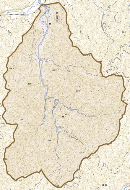 弥生大字提内とその周辺の地図。町の範囲を重ねている