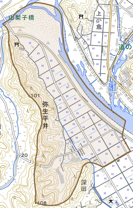 弥生大字平井とその周辺の地図。町の範囲を重ねている