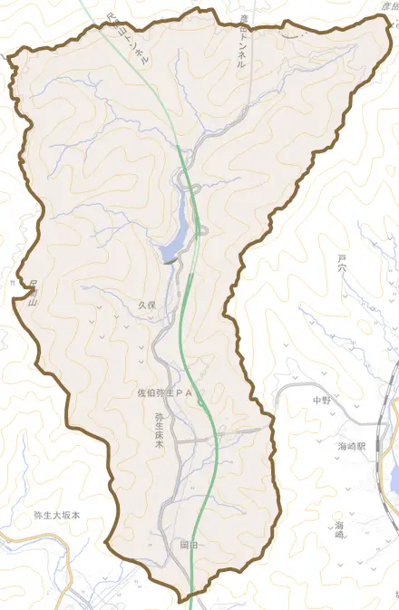弥生大字床木とその周辺の地図。町の範囲を重ねている
