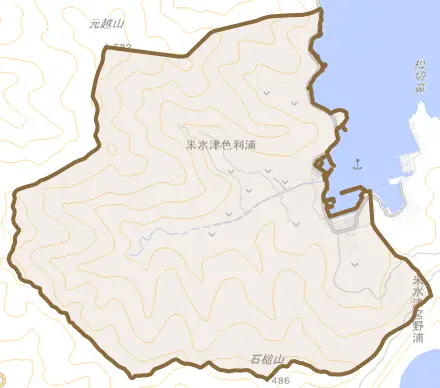 米水津大字色利浦とその周辺の地図。町の範囲を重ねている