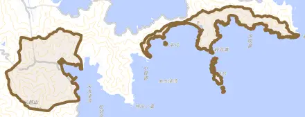 米水津大字浦代浦とその周辺の地図。町の範囲を重ねている