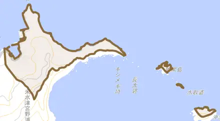 米水津大字宮野浦とその周辺の地図。町の範囲を重ねている