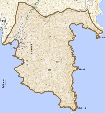 米水津大字小浦とその周辺の地図。町の範囲を重ねている