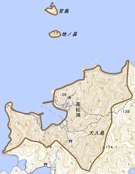 大字高松浦とその周辺の地図。町の範囲を重ねている