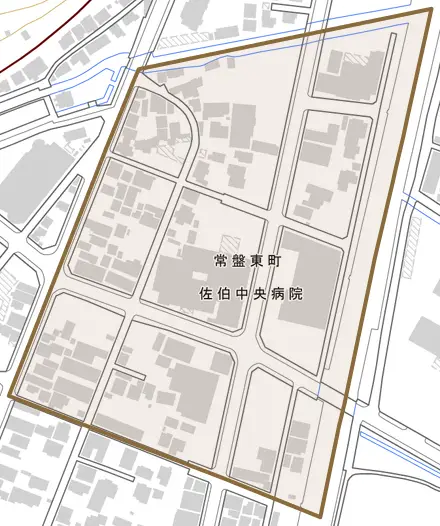 常盤東町とその周辺の地図。町の範囲を重ねている