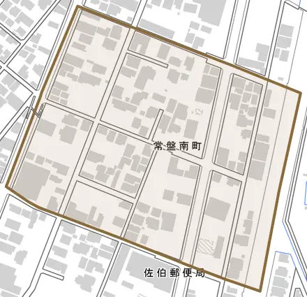 常盤南町とその周辺の地図。町の範囲を重ねている
