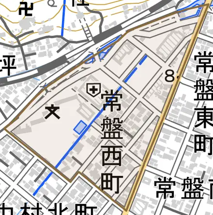常盤西町とその周辺の地図。町の範囲を重ねている