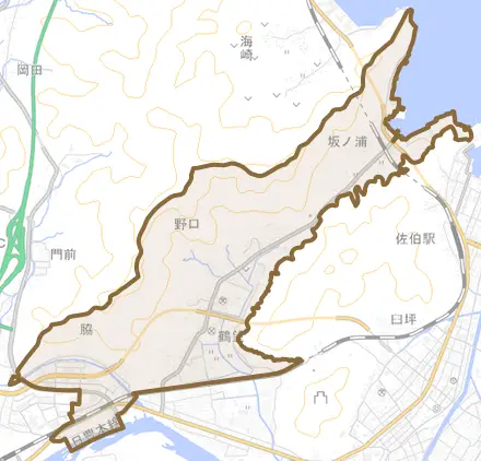 大字鶴望とその周辺の地図。町の範囲を重ねている