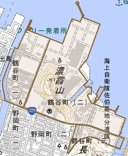 鶴谷町とその周辺の地図。町の範囲を重ねている