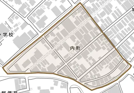 内町とその周辺の地図。町の範囲を重ねている