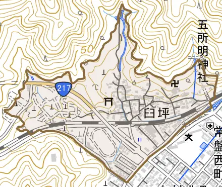 臼坪とその周辺の地図。町の範囲を重ねている