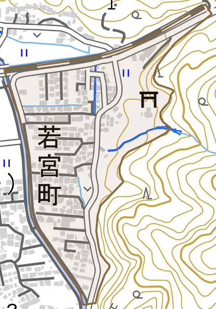 若宮町とその周辺の地図。町の範囲を重ねている