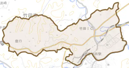 大字会々とその周辺の地図。町の範囲を重ねている