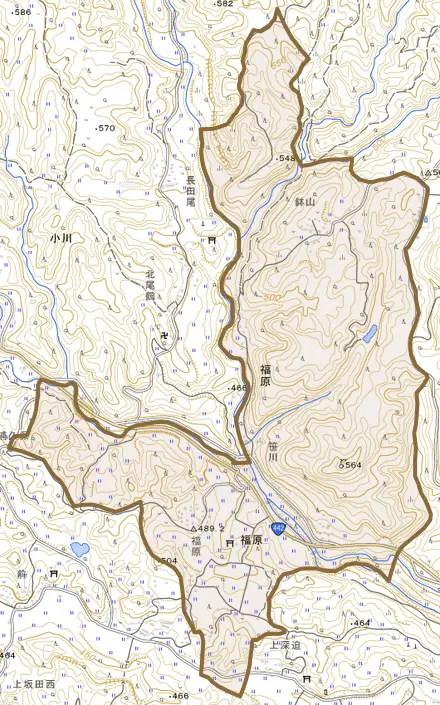 大字福原とその周辺の地図。町の範囲を重ねている