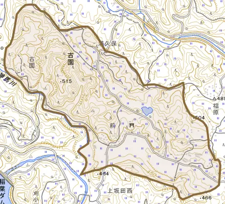 大字古園とその周辺の地図。町の範囲を重ねている