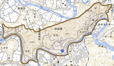 大字拝田原とその周辺の地図。町の範囲を重ねている