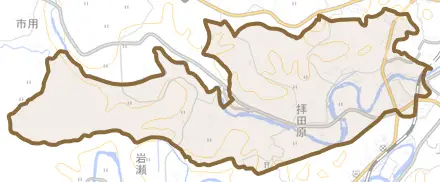大字飛田川とその周辺の地図。町の範囲を重ねている