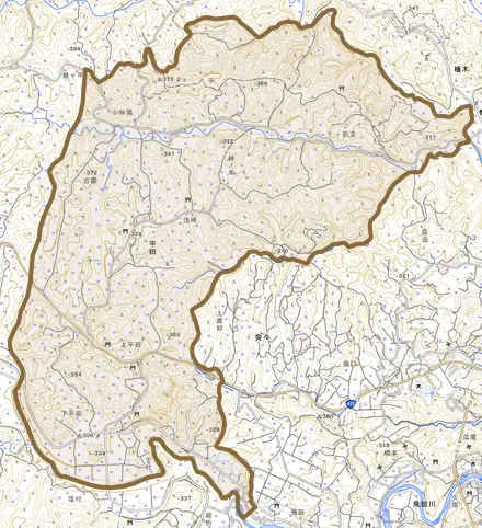 大字平田とその周辺の地図。町の範囲を重ねている