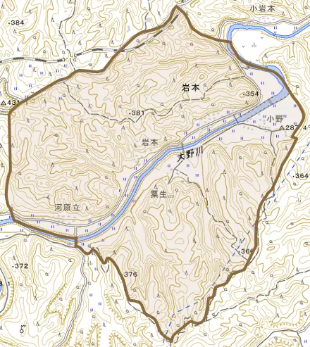 大字岩本とその周辺の地図。町の範囲を重ねている