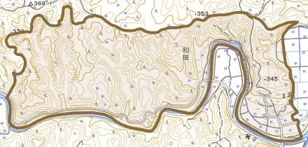 大字岩瀬とその周辺の地図。町の範囲を重ねている
