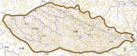 大字上畑とその周辺の地図。町の範囲を重ねている