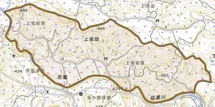 大字上坂田とその周辺の地図。町の範囲を重ねている