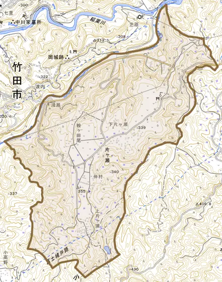 大字片ケ瀬とその周辺の地図。町の範囲を重ねている
