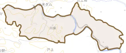 大字川床とその周辺の地図。町の範囲を重ねている