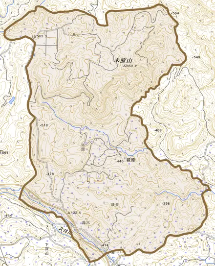 大字城原とその周辺の地図。町の範囲を重ねている