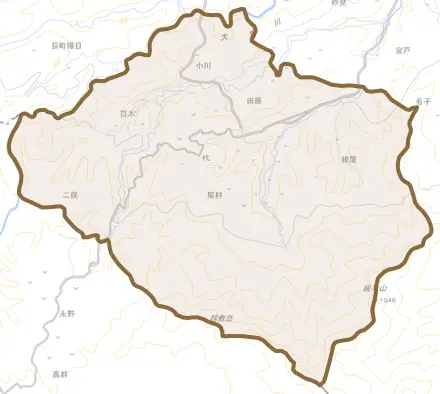 大字九重野とその周辺の地図。町の範囲を重ねている
