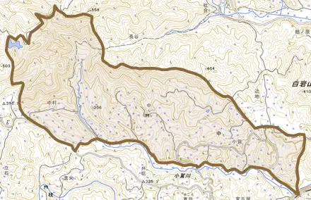 大字中とその周辺の地図。町の範囲を重ねている
