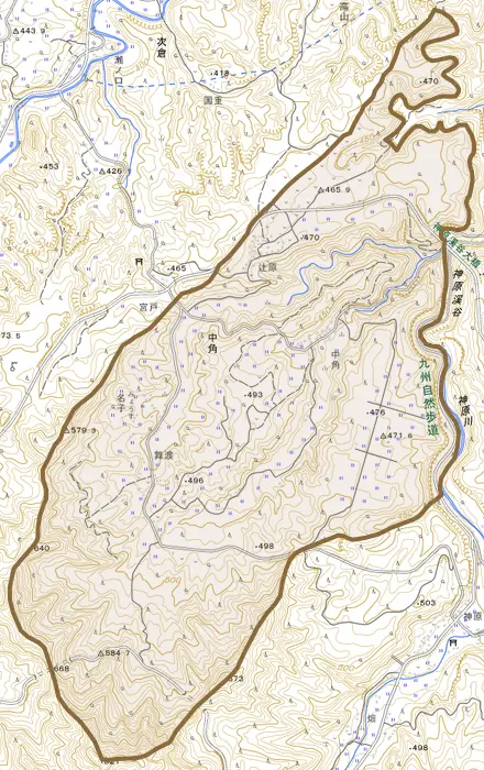 大字中角とその周辺の地図。町の範囲を重ねている