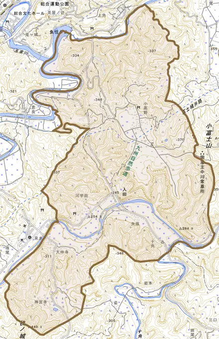大字入田とその周辺の地図。町の範囲を重ねている
