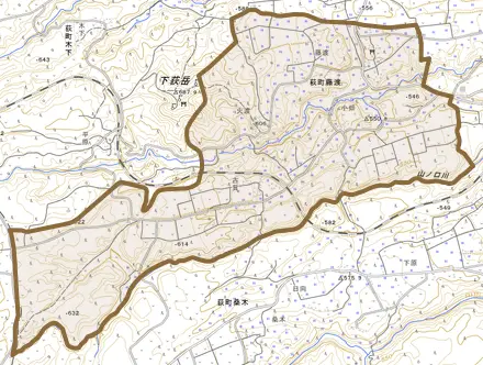 荻町藤渡とその周辺の地図。町の範囲を重ねている