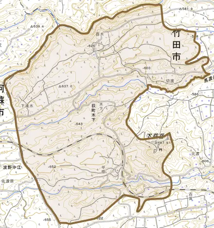荻町木下とその周辺の地図。町の範囲を重ねている