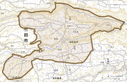 荻町政所とその周辺の地図。町の範囲を重ねている