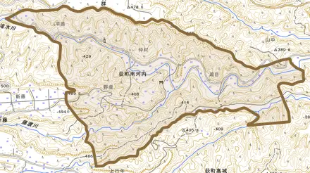 荻町南河内とその周辺の地図。町の範囲を重ねている