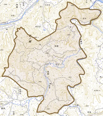 大字太田とその周辺の地図。町の範囲を重ねている