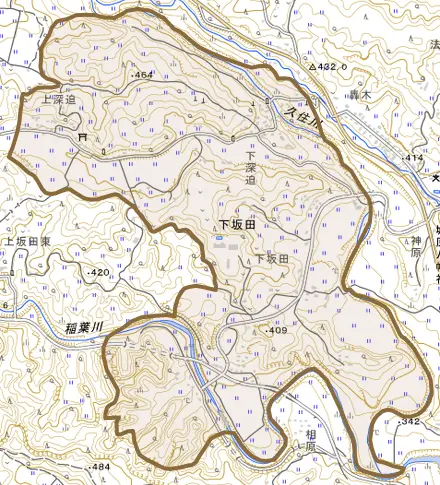 大字下坂田とその周辺の地図。町の範囲を重ねている